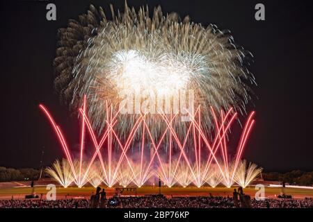 Surex (Polen), Fireworks at the highest level, showdown of the Koenigsklasse at the Pyronale 2019 on the Maifeld in front of the Berlin Olympic Stadium. Stock Photo