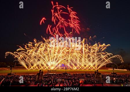 Heron Fireworks (Niederlande) Fireworks at the highest level, showdown of the Koenigsklasse at the Pyronale 2019 on the Maifeld in front of the Berlin Olympic Stadium. Stock Photo