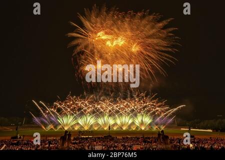 Heron Fireworks (Niederlande) Fireworks at the highest level, showdown of the Koenigsklasse at the Pyronale 2019 on the Maifeld in front of the Berlin Olympic Stadium. Stock Photo