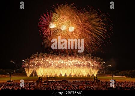 Heron Fireworks (Niederlande) Fireworks at the highest level, showdown of the Koenigsklasse at the Pyronale 2019 on the Maifeld in front of the Berlin Olympic Stadium. Stock Photo