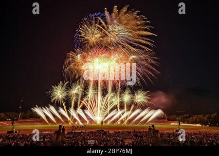 Heron Fireworks (Niederlande) Fireworks at the highest level, showdown of the Koenigsklasse at the Pyronale 2019 on the Maifeld in front of the Berlin Olympic Stadium. Stock Photo