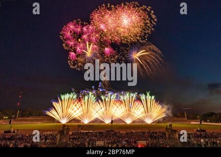 Heron Fireworks (Niederlande) Fireworks at the highest level, showdown of the Koenigsklasse at the Pyronale 2019 on the Maifeld in front of the Berlin Olympic Stadium. Stock Photo