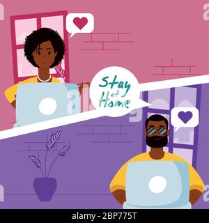 afro couple using laptops to communicate and stay home Stock Vector