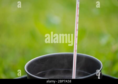 Thermometer in pot with hot water of outdoor camping cooker showing 56 degrees celsius Stock Photo