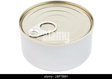 closed tin can with pull tab ring lid opener isolated on white background Stock Photo
