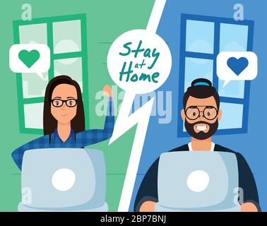 couple using laptops to communicate and stay home Stock Vector