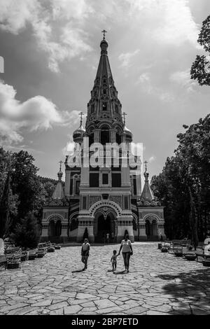 SHIPKA, BULGARIA - JULY 07, 2019: The Memorial Temple of the Birth of Christ (Shipka Memorial Church or Shipka Monastery). The first monument to the Bulgarian-Russian friendship in Bulgaria. Black and white. Stock Photo