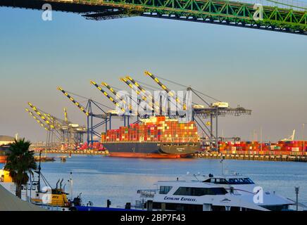 Ferry and Freighter Under Thomas Bridge Stock Photo