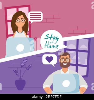 couple using laptops to communicate and stay home Stock Vector