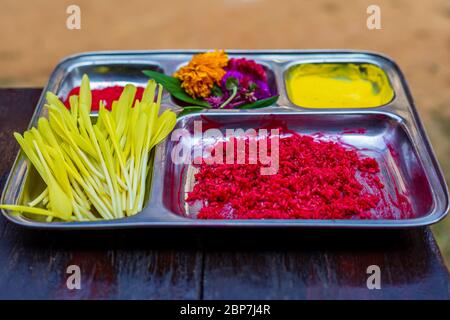 Tika and Jamara Special plate prepared for Bijaya Dashami Dashain Festival for receiving Tika. Hindu Major Festival.Hindu Culture Stock Photo