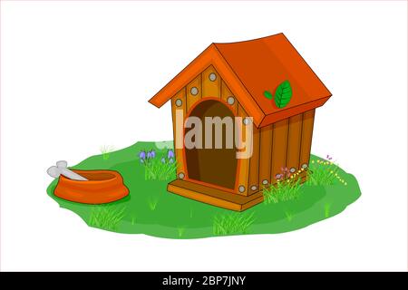 Doghouse isolated on white background. Dog kennel with  with dog food bowl of bone, grass and flower surrounding. House for domestic animal pet.Vector Stock Vector