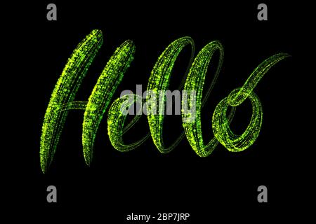 The word Hello is made up of glowing green particles isolated on a black background. Handwritten lettering overlay for your design Stock Photo