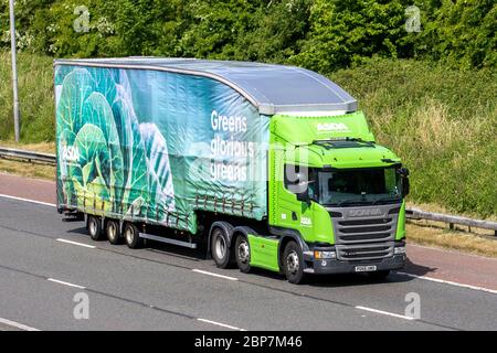 Green glorious greens ASDA; Haulage delivery trucks, lorry, transportation, truck, cargo carrier, vehicle, European commercial transport industry on the M6 at Manchester, UK Stock Photo