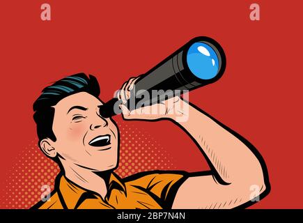 Businessman looking for future trends. Business vision retro comic pop art vector illustration Stock Vector