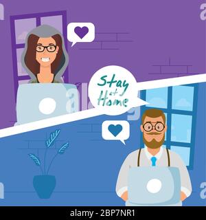couple using laptops to communicate and stay home Stock Vector