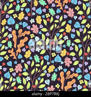 Tree foliage and flowers, branches and leaves seamless pattern, doodle cartoon natural background, hand drawing. Multi-colored autumn, spring and summ Stock Vector