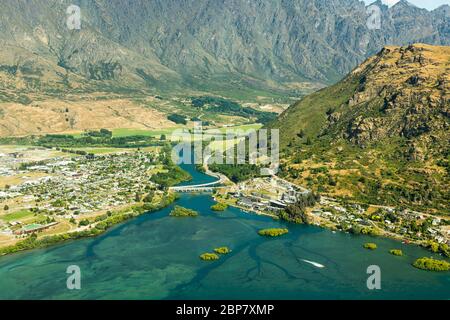 View of Lake Wakatipu and Queenstown, taken from a light aircraft while flying from Queenstown to Milford Sound in New Zealand Stock Photo