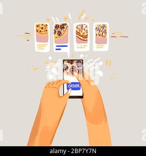 Order Pizza Online Vector Cartoon Illustration. Choosing pizzas and order it in online application and smartphone. Italian food and restaurant service Stock Vector