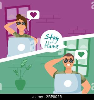 military couple using laptops to communicate and stay home Stock Vector