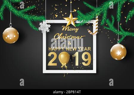 Paper art of merry Christmas and happy new year 2019 with dark black tone color background.Design for greeting cards gift.Graphic paper cut and craft Stock Vector