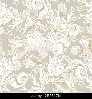 Seashells pattern background, vector sea shell, corals and starfish engraving on pastel beige. Marine and ocean underwater seamless pattern line art design for wedding or bridal decoration background Stock Vector