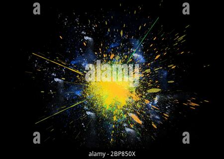 Freeze motion colorful powder paint exploding isolated on black dark background. Abstract design of color dust cloud. Particles explosion screen saver Stock Photo