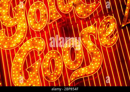 flashing Red and Yellow neon lights Logo. Photographed in Las Vegas, NV Stock Photo