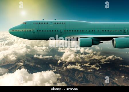3D rendering of a passengers airplane on flight over The Andes Mountain Range. Stock Photo