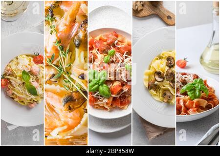 Collage of photos Italian pasta spaghetti with different saucemeatballs, prawn, on white background. Stock Photo