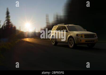 3D rendering of a SUV on motion at Mount Rainier National Park, Washington State, United States Stock Photo