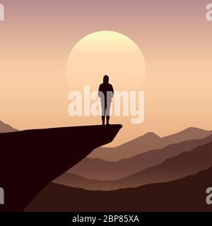 lonely girl on a cliff silhouette with mountain background vector illustration EPS10 Stock Vector