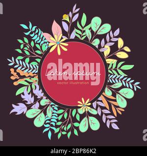 Flower wreath, cartoon flowers crown and red round label for text, plant frame, vintage template. Multicolored flower bud, stems, branches and leaves, Stock Vector