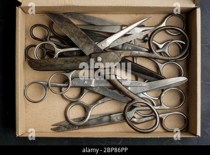 Many different type of old vintage scissors in box Stock Photo