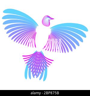 Stylized bird. Head, wings, tail. Pink and blue colors. For logo, design element Isolated on white Stock Vector