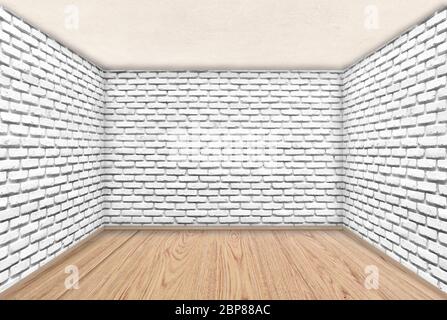 Empty room interior and white brick wall decor, With wooden flooring Stock Photo