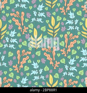 Tree foliage, branches shrubs, branches and leaves seamless pattern, doodle cartoon drawn exotic natural background, hand drawing. Multi-colored plant Stock Vector
