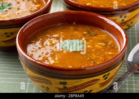 Traditional bowl of Moroccan harira close up for iftar in ramadan Stock Photo