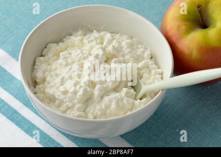 Bowl with fresh white healthy cottage cheese close up Stock Photo