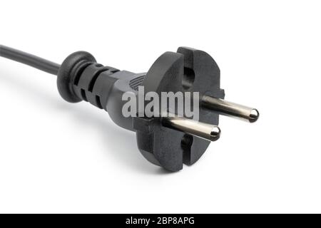 Single black European power plug not grounded with two pins close up on white background Stock Photo