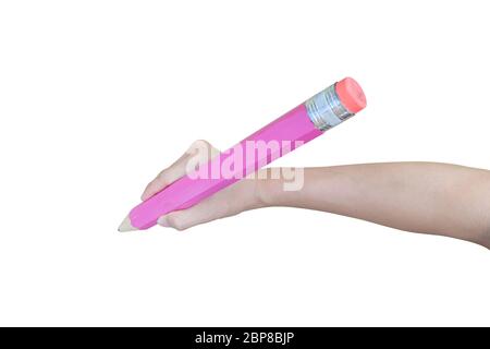 Hand is holding big pencil writing, Isolated on white background. Stock Photo