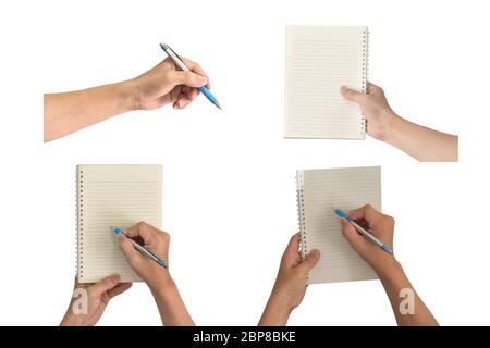 Hand write on the notebook isolated on white. Collection of hand holding pen and notepad. Stock Photo