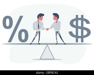 Business partners shaking hands as a symbol of unity. People standing on seesaw. Stock Vector