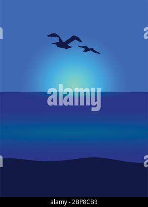 Portrait Ocean Sea View With Flying Seagull Silhouettes Over Sunset Or Sunrise Background Stock Vector