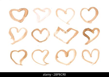 Collection of heart shape with coffee water paint on white paper background. Illustration isolated on white background. Stock Photo