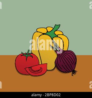 Illustration Of Hand Drawn Collection Of Vegetables With Yellow Pepper Red Tomatoes an One Onion Over Green And Brown Background Stock Vector