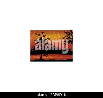 Peaceful Scene View Of Countryside During Red Sunset Dusk With Trees And Ducks Silhouettes Over Textured Background Stock Vector