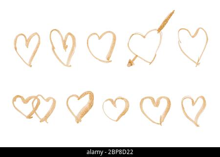 Collection of heart shape with coffee water paint on white paper background. Illustration isolated on white background. Stock Photo