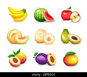 Set of different tropical fruits isolated on white background, vector illustration in flat style Stock Vector