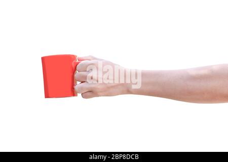 hand holding red cup isolated on white background with clipping path. Stock Photo