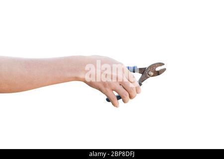 Hand holding old rusty pliers isolated on a white background. with clipping path. Stock Photo
